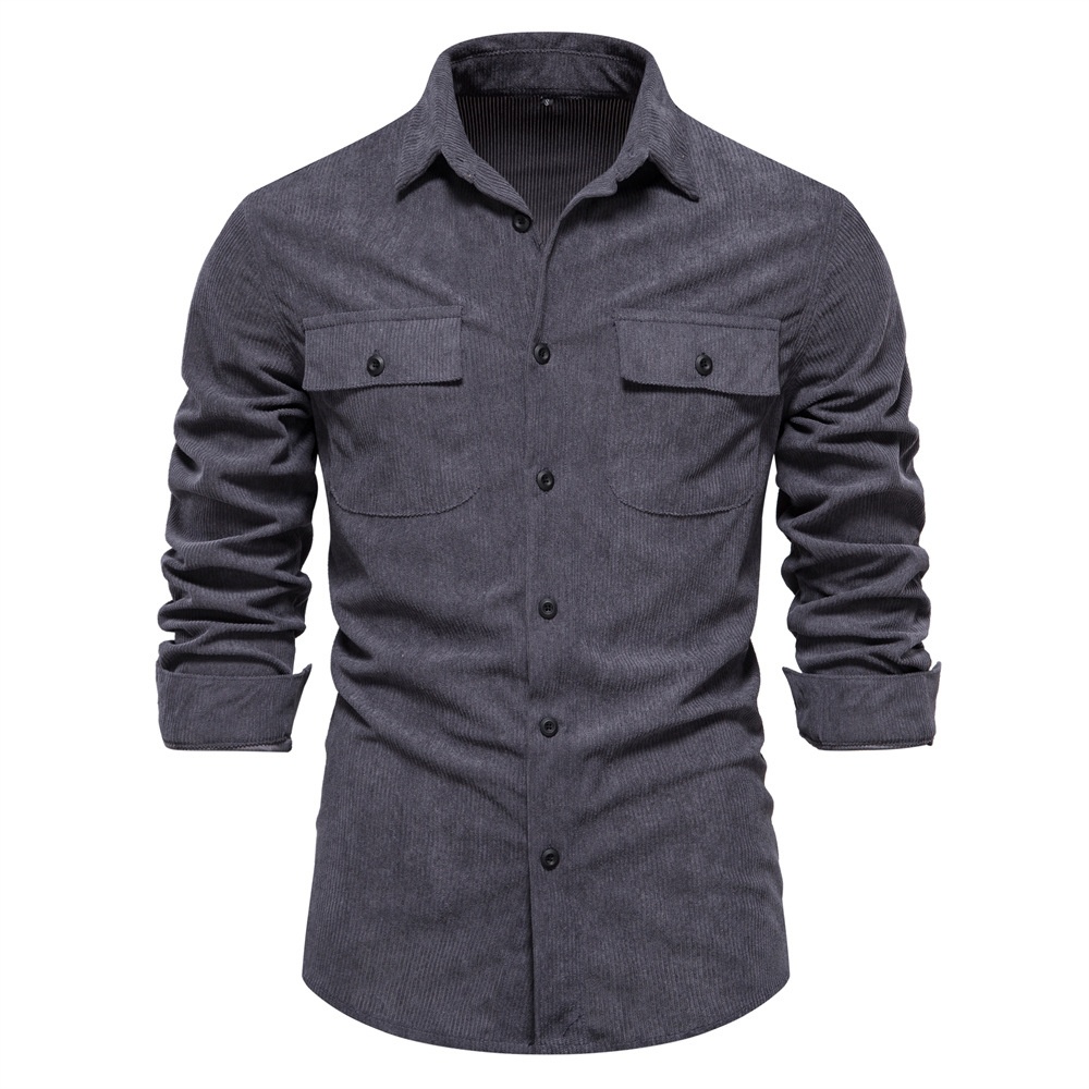 Corduroy Solid Color Long Sleeve Slim Fit Casual Autumn Winter Men's Shirt