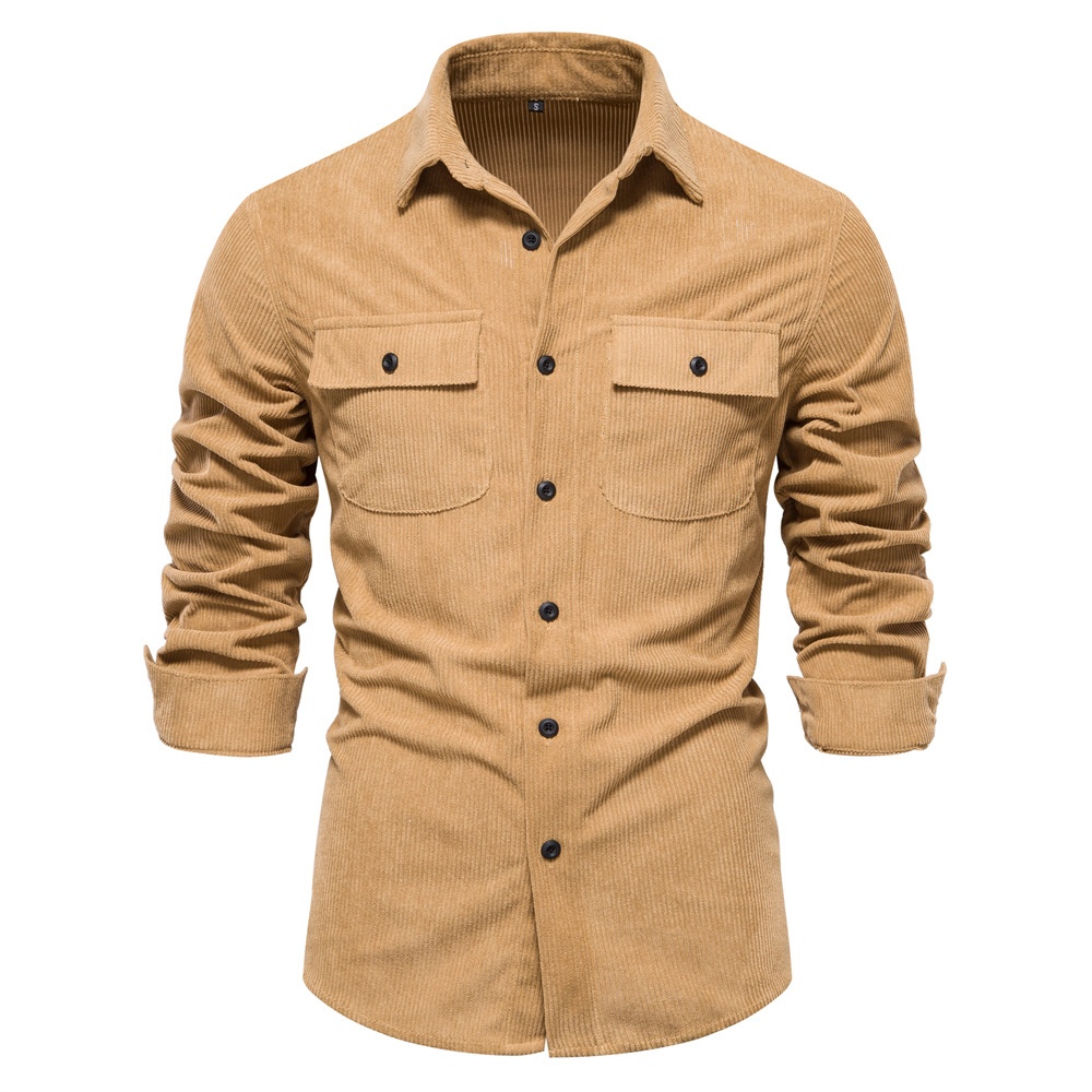 Corduroy Solid Color Long Sleeve Slim Fit Casual Autumn Winter Men's Shirt