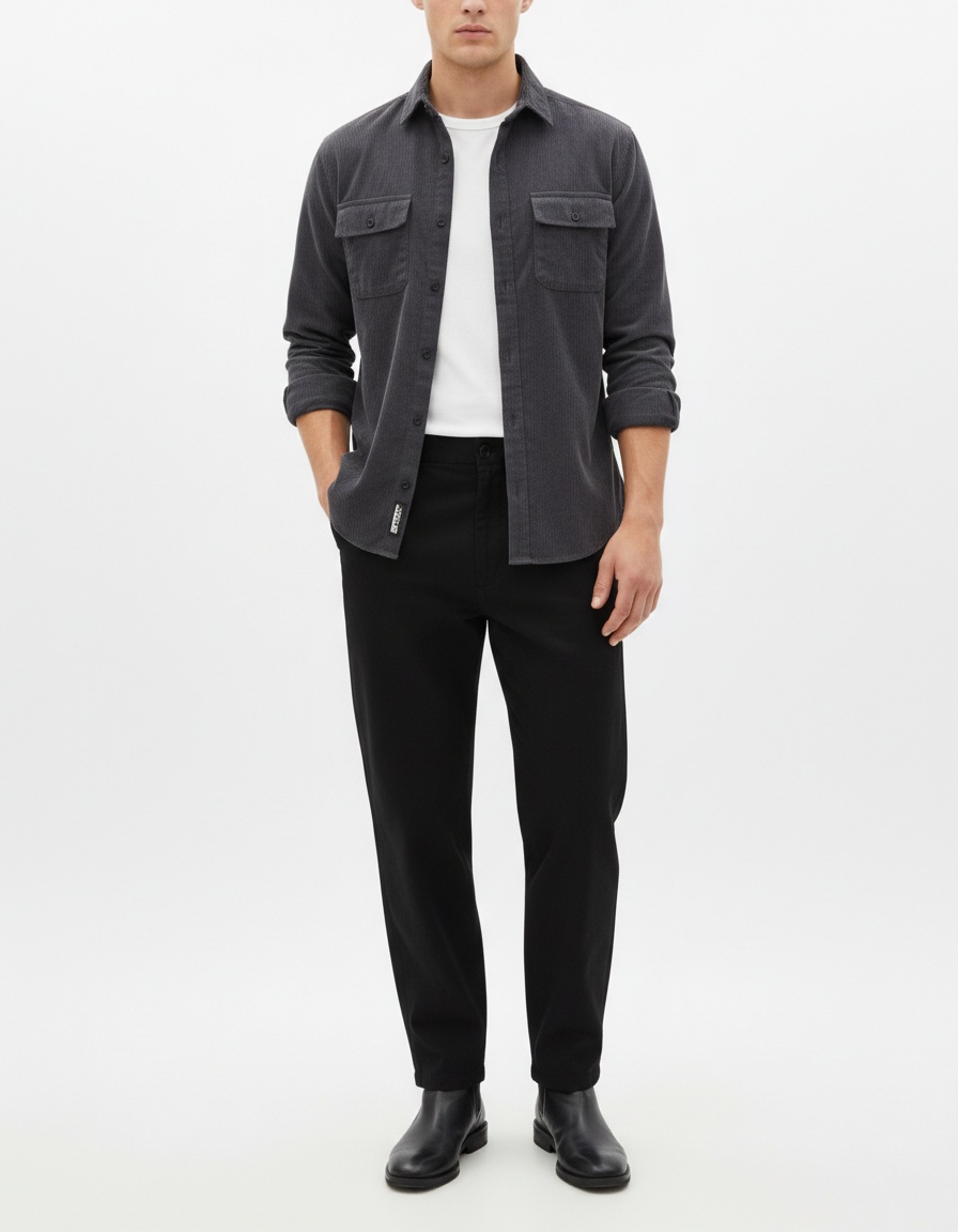 Corduroy Solid Color Long Sleeve Slim Fit Casual Autumn Winter Men's Shirt