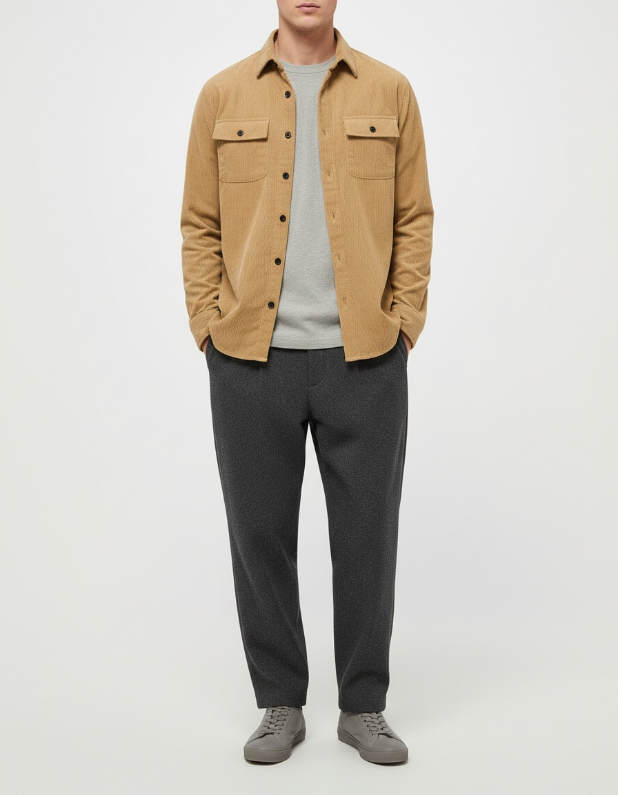 Corduroy Solid Color Long Sleeve Slim Fit Casual Autumn Winter Men's Shirt