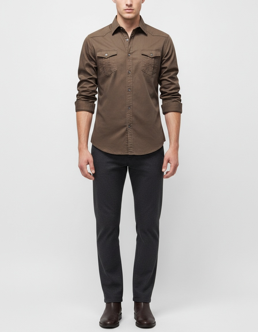 Camisa casual de manga larga de mezclilla de color sólido para hombre