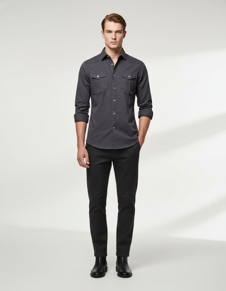 Camisa casual de manga larga de mezclilla de color sólido para hombre