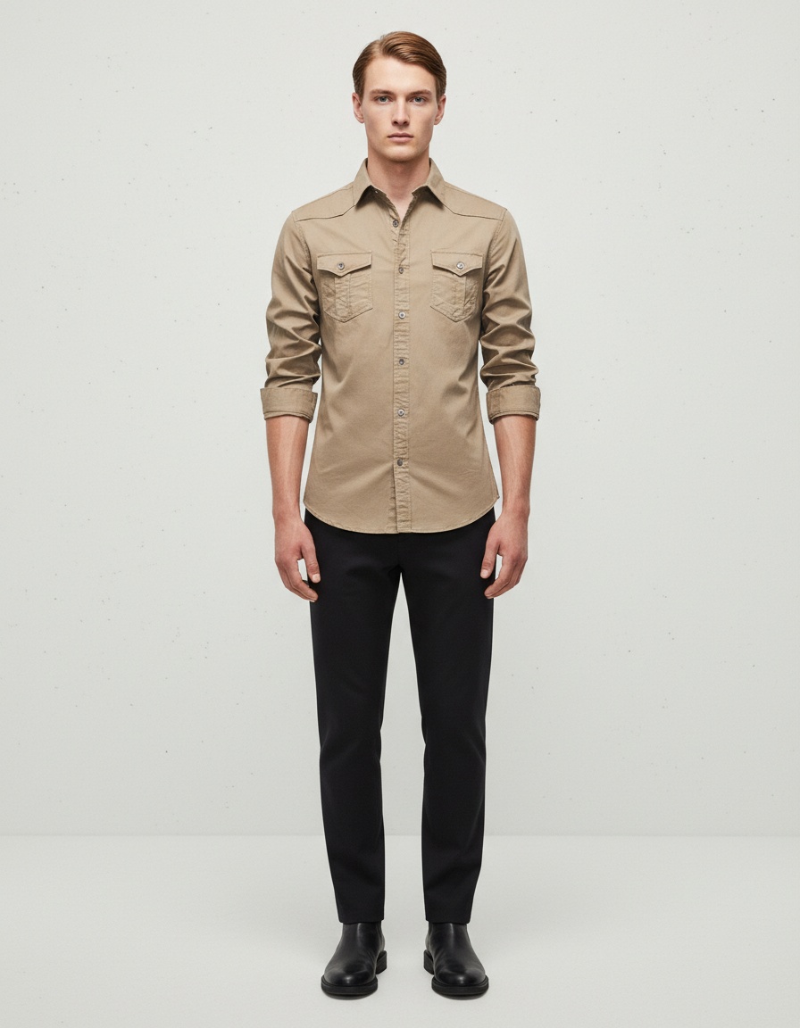 Camisa casual de manga larga de mezclilla de color sólido para hombre