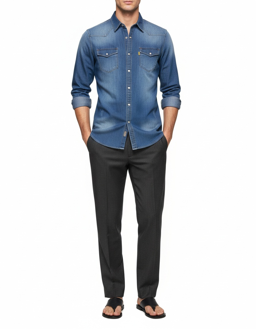 Camisa casual de manga larga de mezclilla de color sólido para hombre