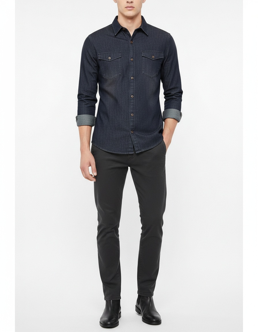 Camisa casual de manga larga de mezclilla de color sólido para hombre