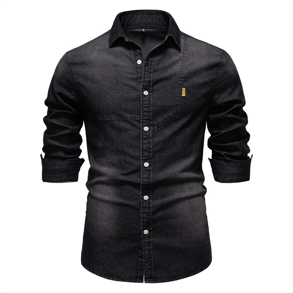Casual Denim Solid Color Long Sleeve Men's Shirt