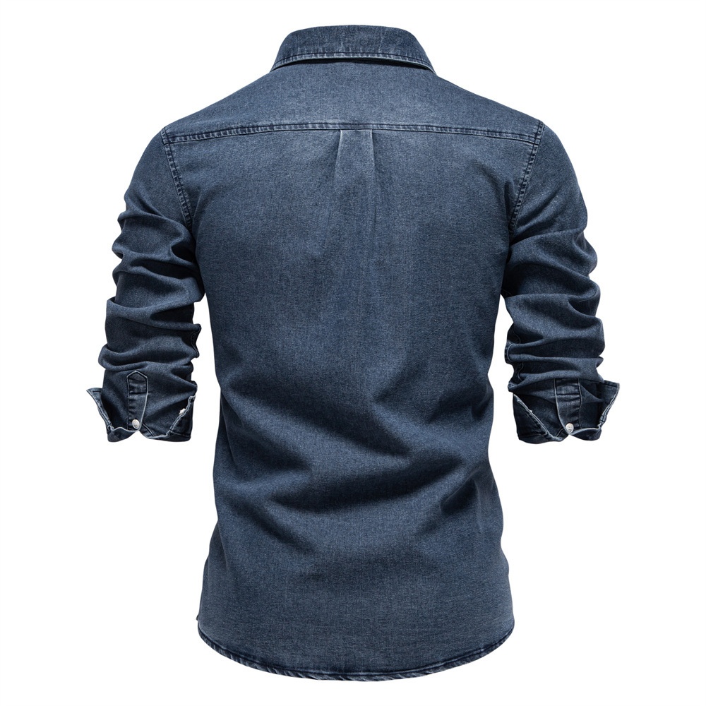 Casual Denim Solid Color Long Sleeve Men's Shirt