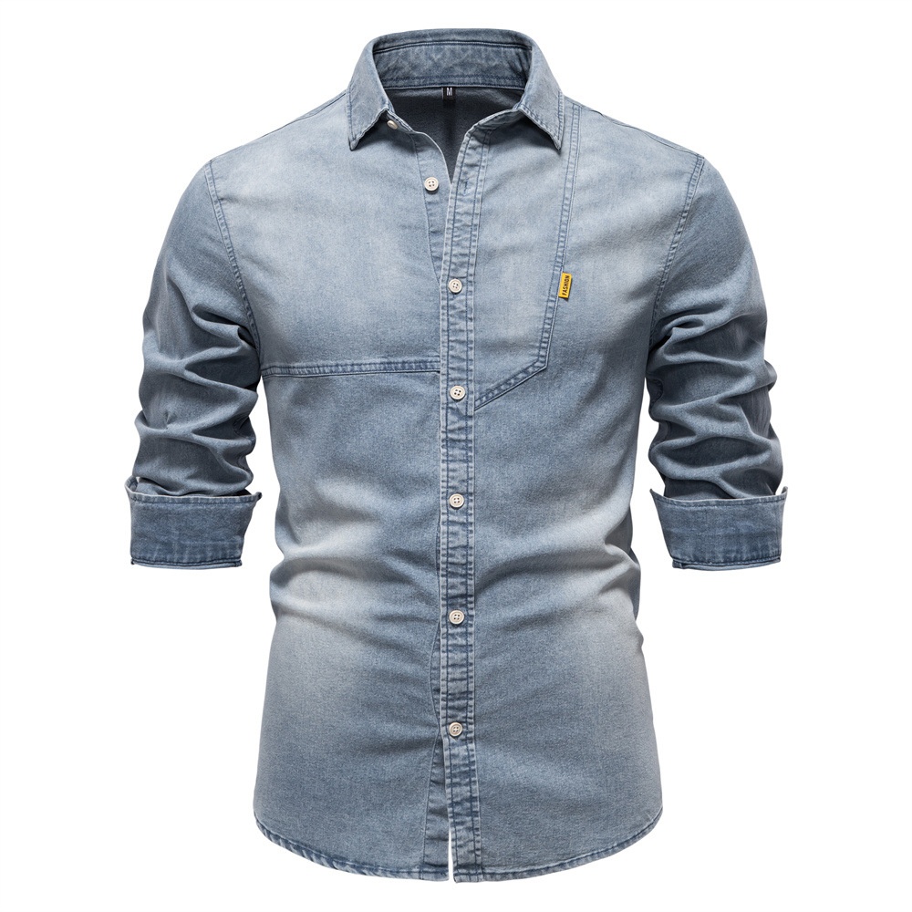 Casual Denim Solid Color Long Sleeve Men's Shirt