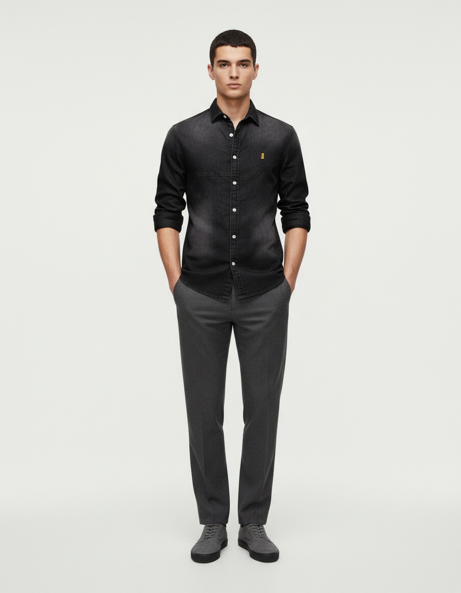 Casual Denim Solid Color Long Sleeve Men's Shirt