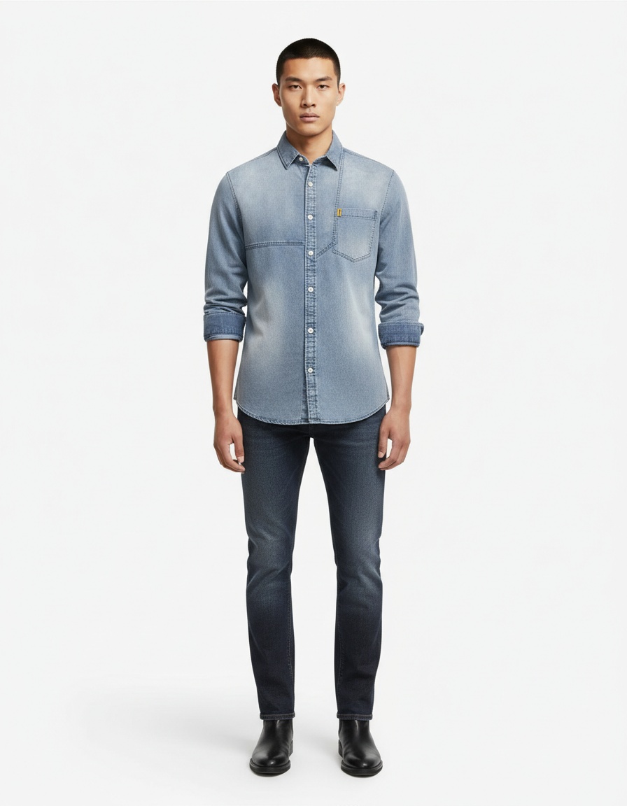 Casual Denim Solid Color Long Sleeve Men's Shirt