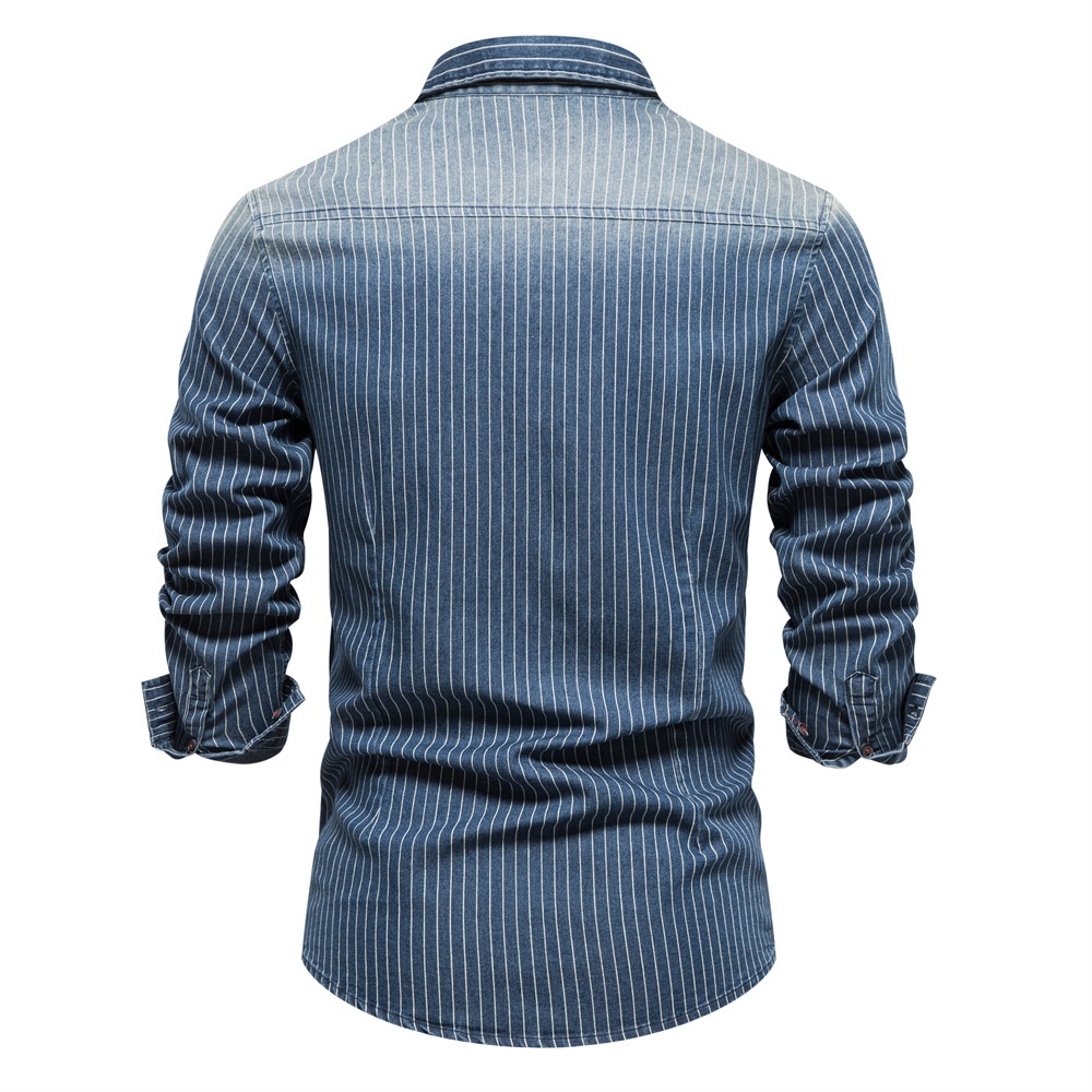 Washed Striped Long-Sleeve Men's Shirt with Distressed Detail
