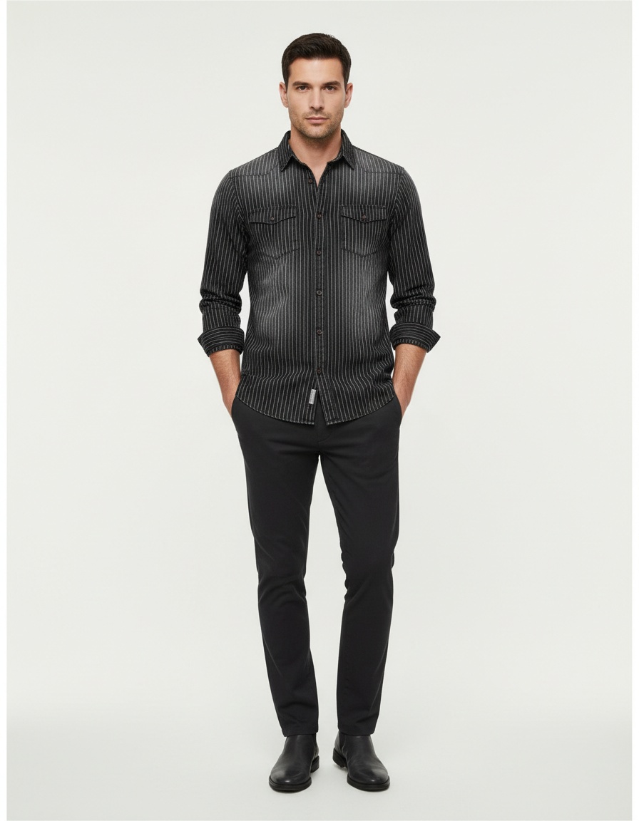 Washed Striped Long-Sleeve Men's Shirt with Distressed Detail