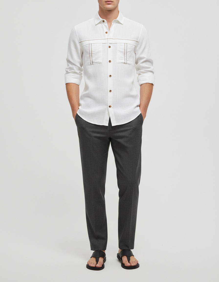 Men's Casual Long Sleeve Shirt with Pocket Decoration