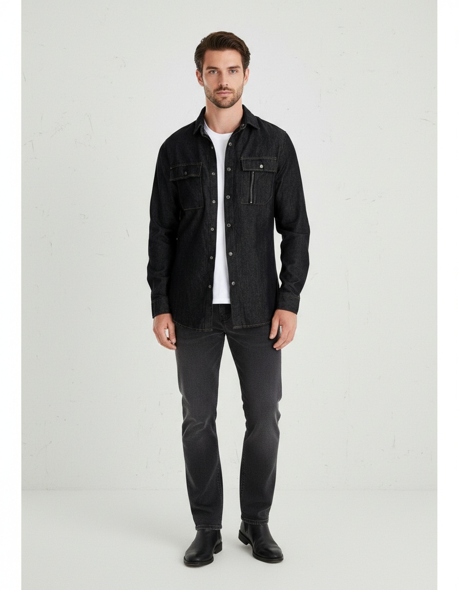 Washed Denim Long Sleeve Casual Men's Shirt