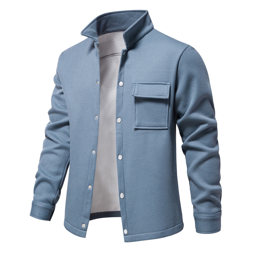Waffle Knit Fleece-Lined Winter Shirt with Lapel and Pockets for Men
