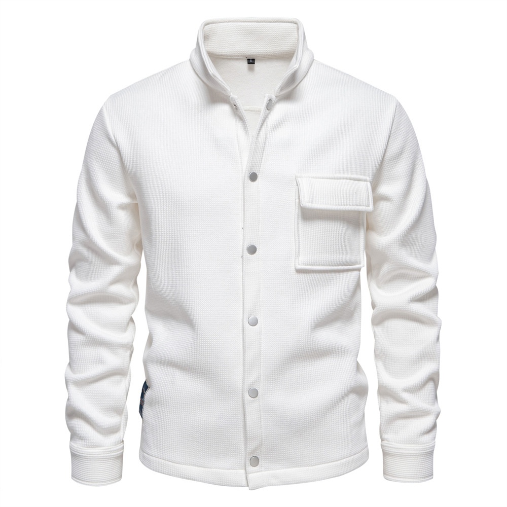 Waffle Knit Fleece-Lined Winter Shirt with Lapel and Pockets for Men