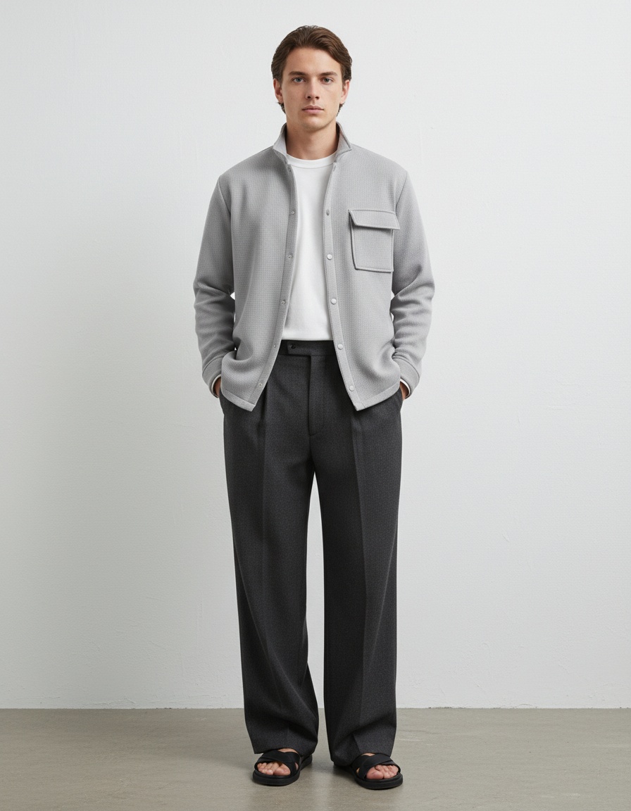 Waffle Knit Fleece-Lined Winter Shirt with Lapel and Pockets for Men