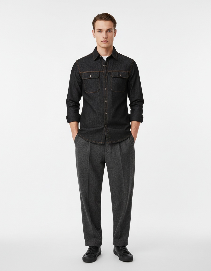 Washed Denim Long-Sleeve Men's Shirt for Autumn Casual Wear