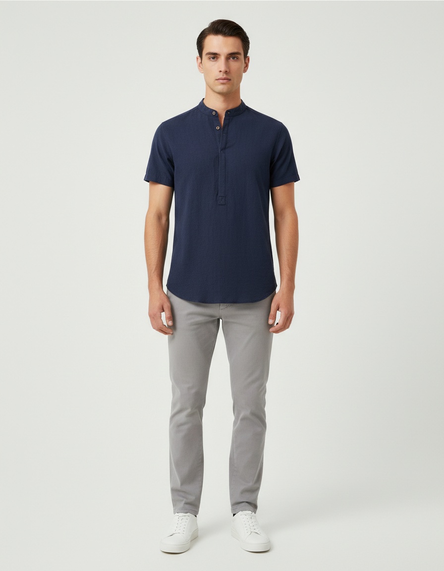 Stand Collar Breathable Men's Short Sleeve Shirt for Summer Business Casual Wear