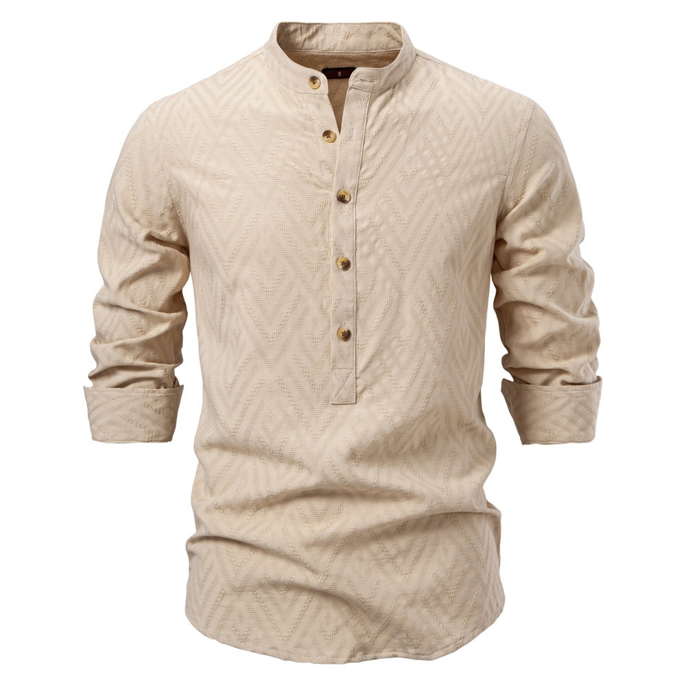 Casual Solid Color Stand Collar Long Sleeve Men's Shirt