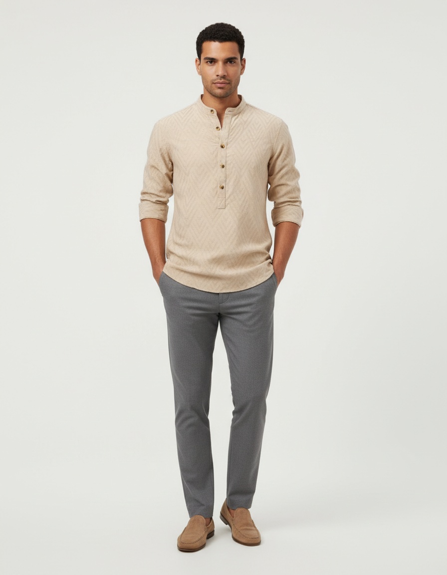 Casual Solid Color Stand Collar Long Sleeve Men's Shirt