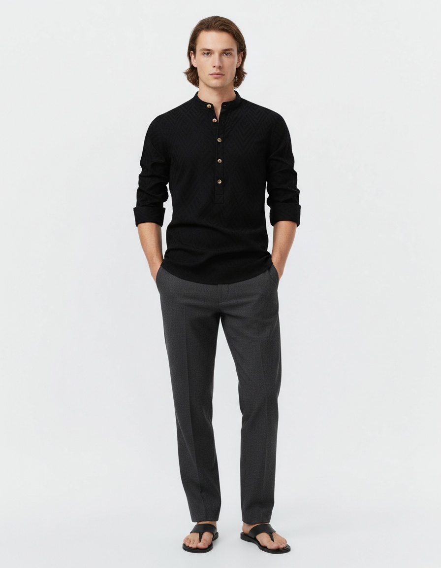 Casual Solid Color Stand Collar Long Sleeve Men's Shirt