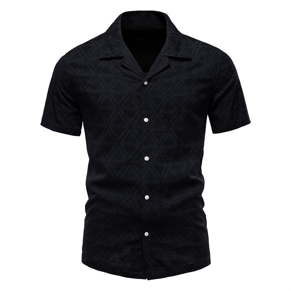 Jacquard Plaid Short-Sleeve Business Casual Men's Shirt with Turn-Down Collar