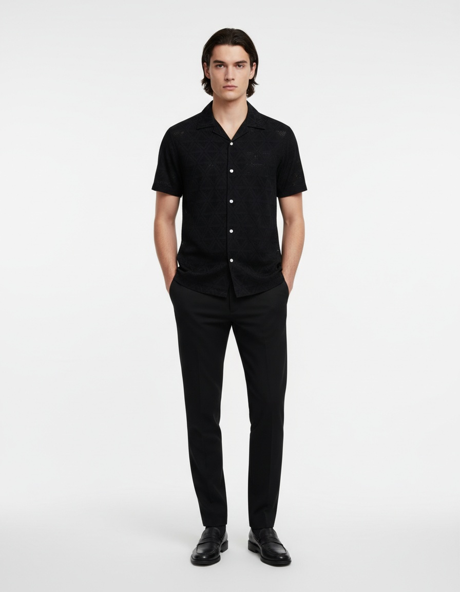 Jacquard Plaid Short-Sleeve Business Casual Men's Shirt with Turn-Down Collar