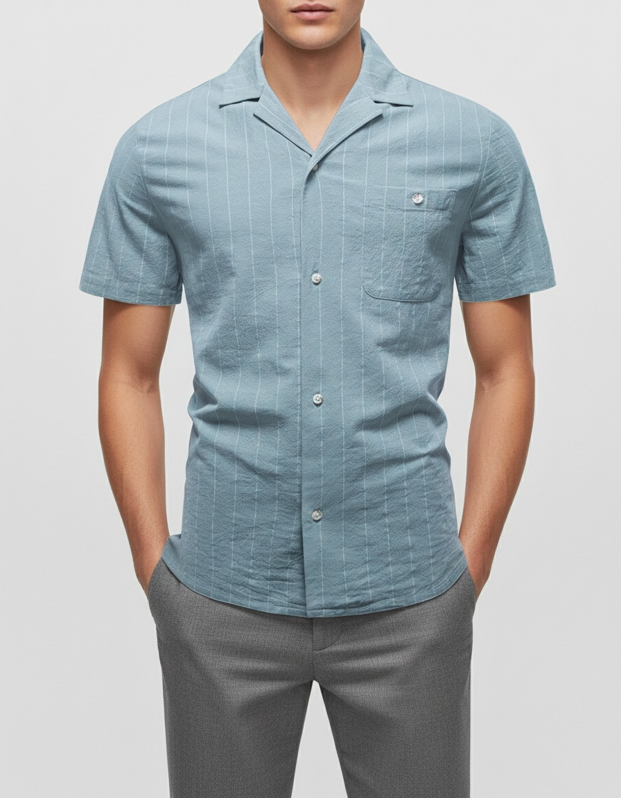 Striped Cuban Collar Short-Sleeve Men's Shirt for Summer Casual Wear