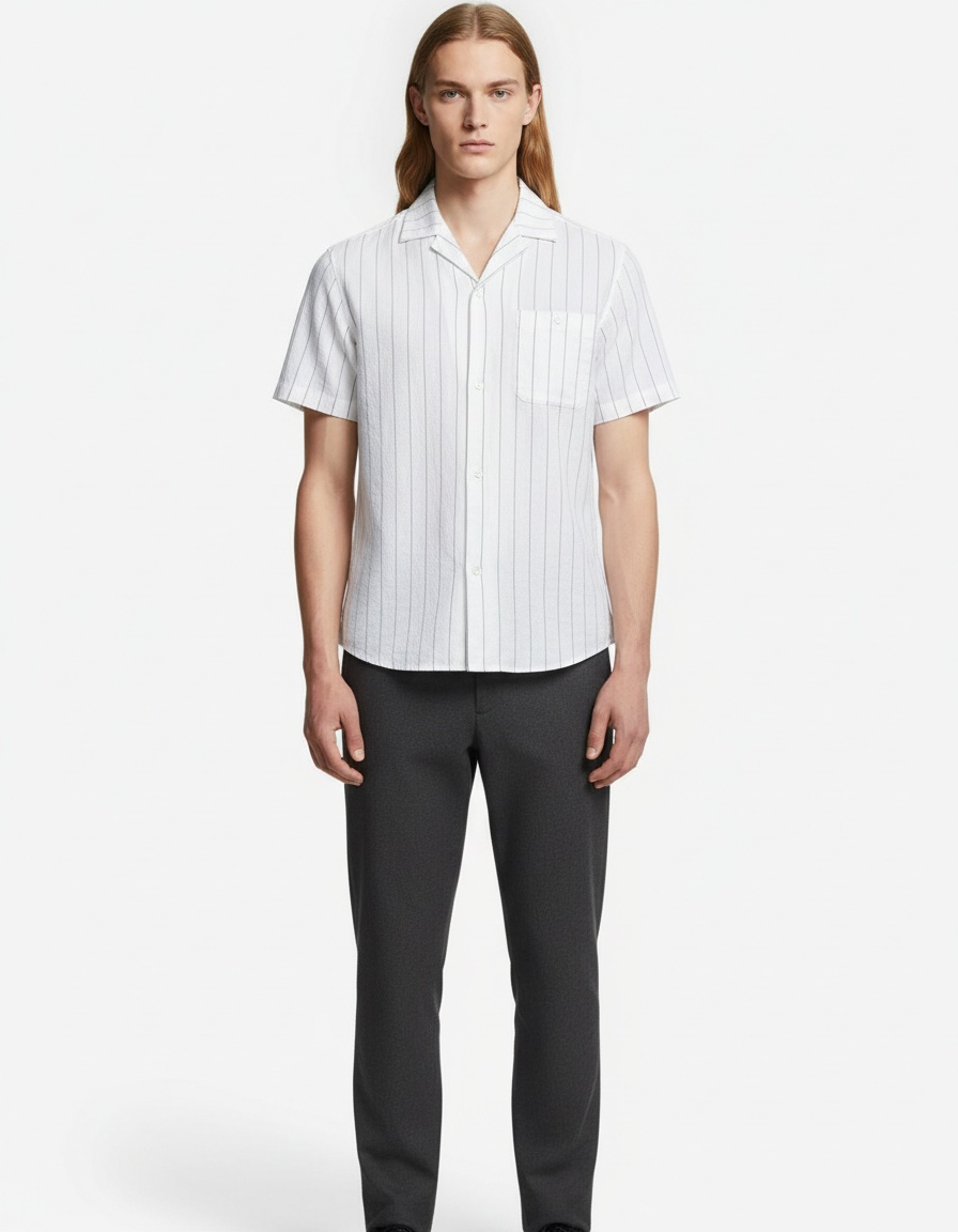 Striped Cuban Collar Short-Sleeve Men's Shirt for Summer Casual Wear