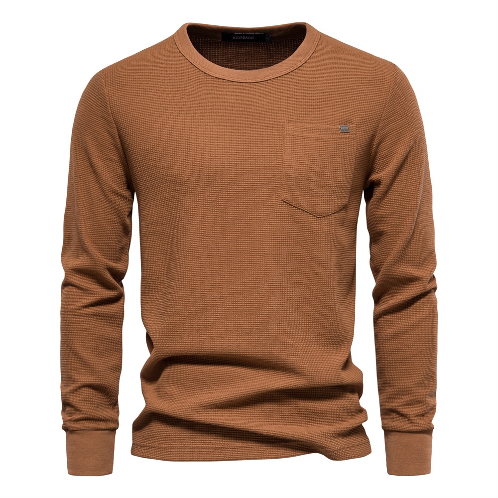 Waffle Knit Crew Neck Breathable Men's Long-sleeved T-shirt