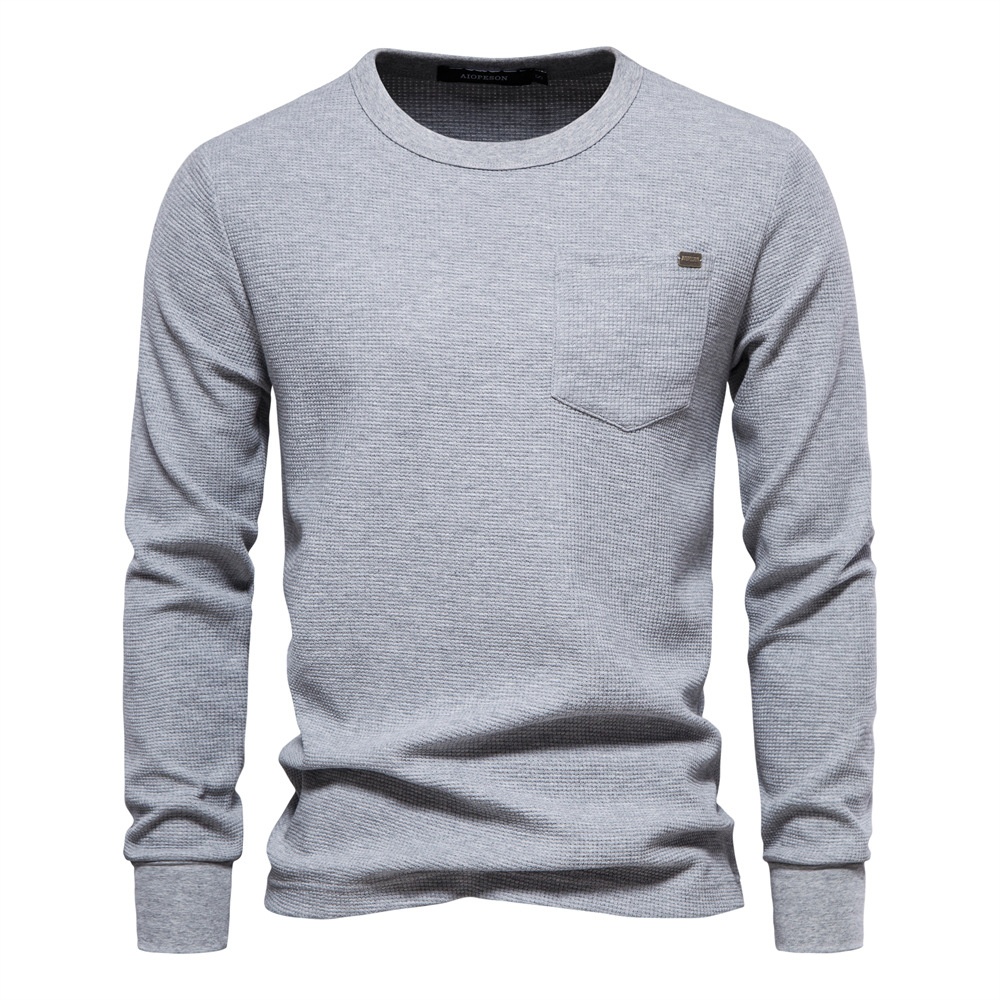 Waffle Knit Crew Neck Breathable Men's Long-sleeved T-shirt