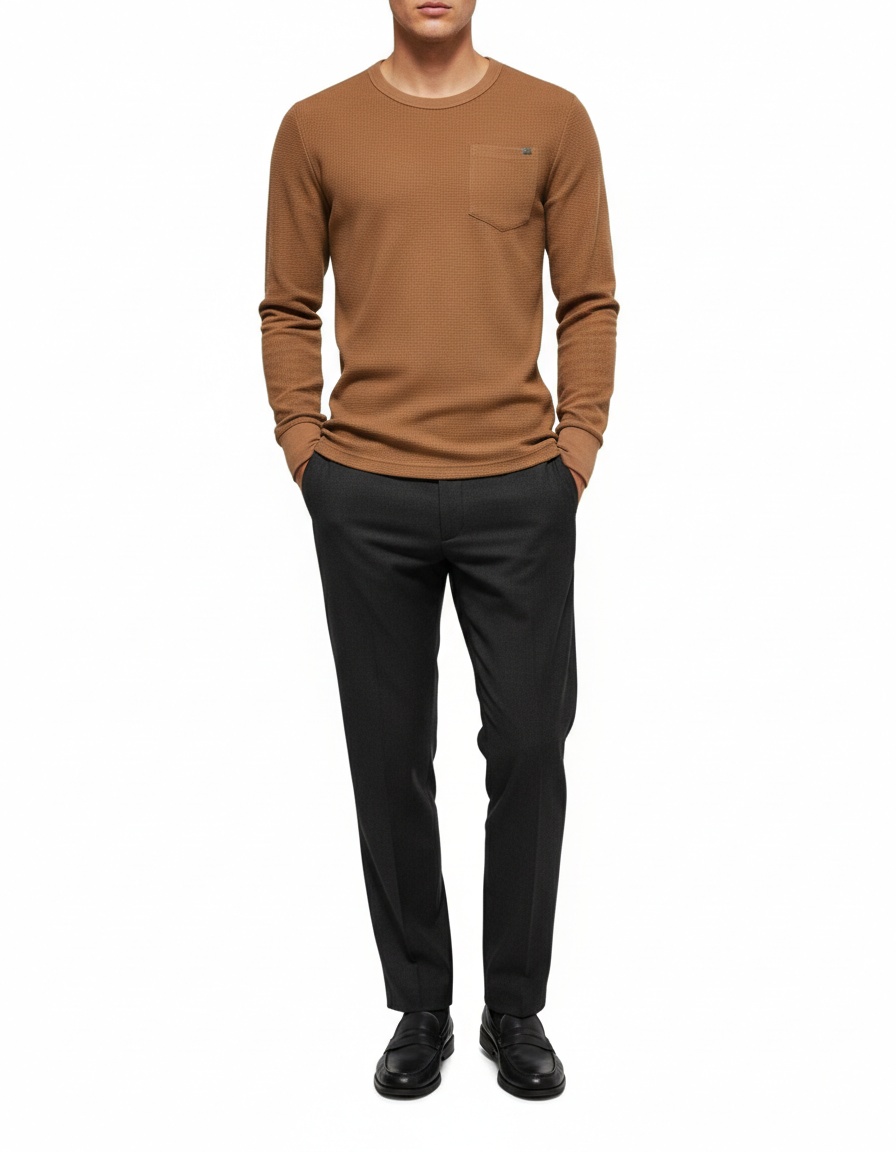 Waffle Knit Crew Neck Breathable Men's Long-sleeved T-shirt