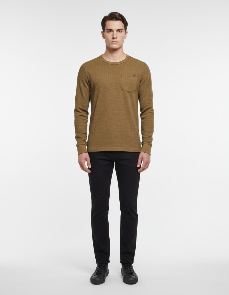 Waffle Knit Crew Neck Breathable Men's Long-sleeved T-shirt