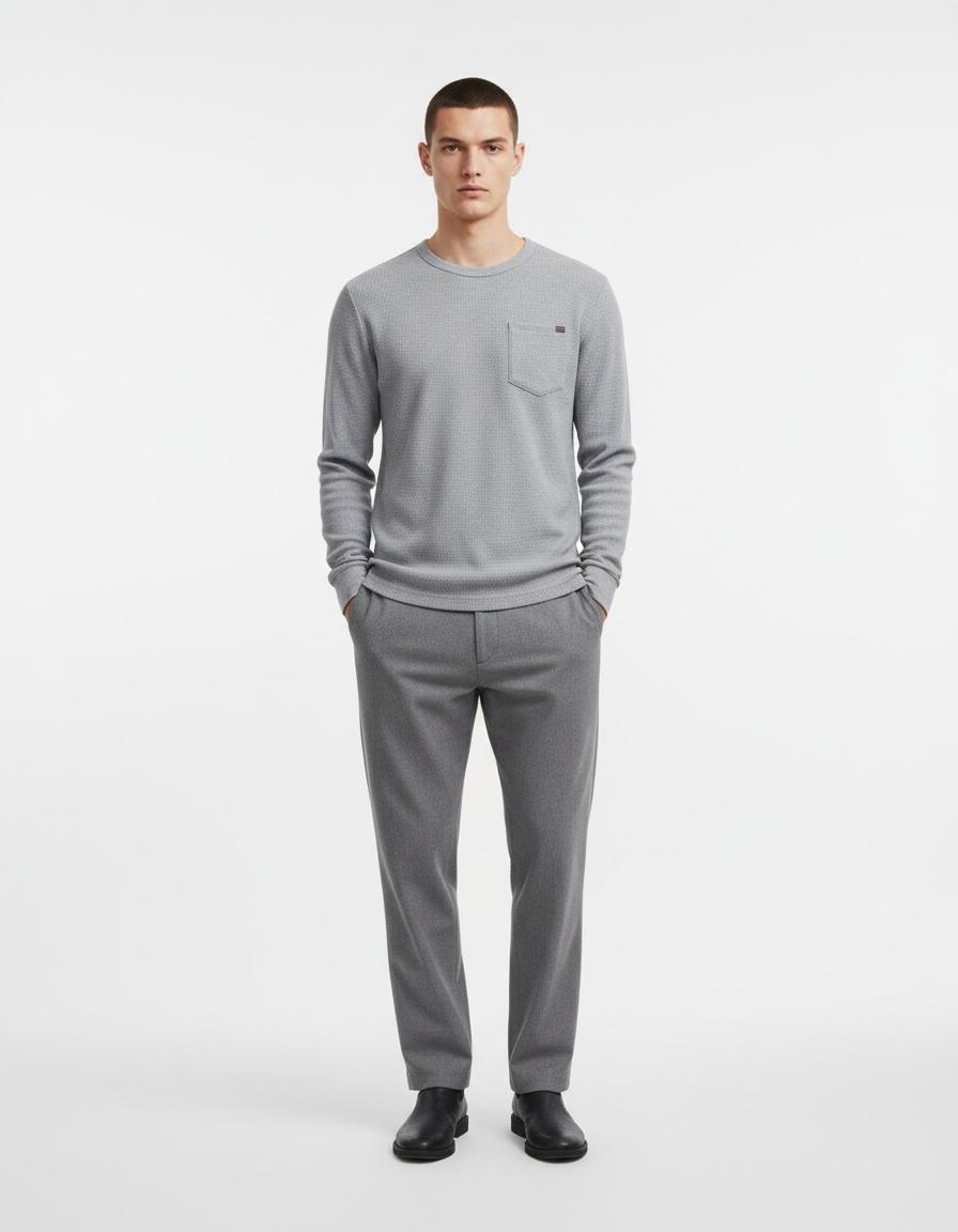 Waffle Knit Crew Neck Breathable Men's Long-sleeved T-shirt