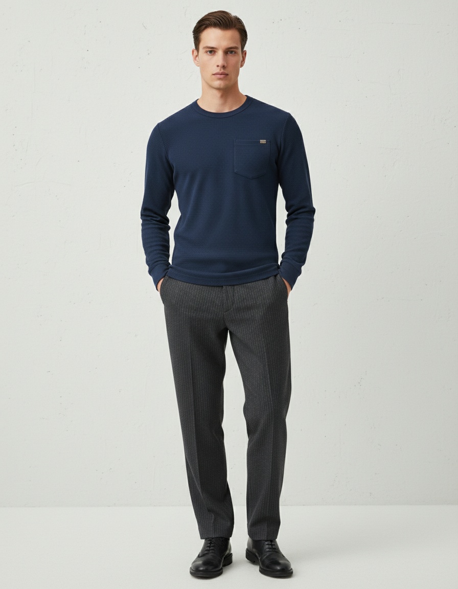 Waffle Knit Crew Neck Breathable Men's Long-sleeved T-shirt