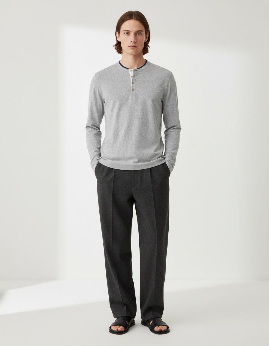 Autumn Color Block Henley Collar Business Casual Men's T-Shirt