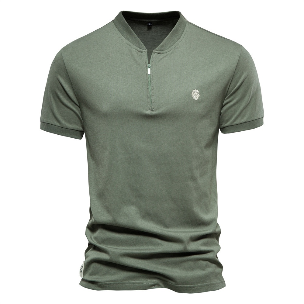 Men's V-Neck T-Shirt with Zipper Detail and Breathable Embroidery