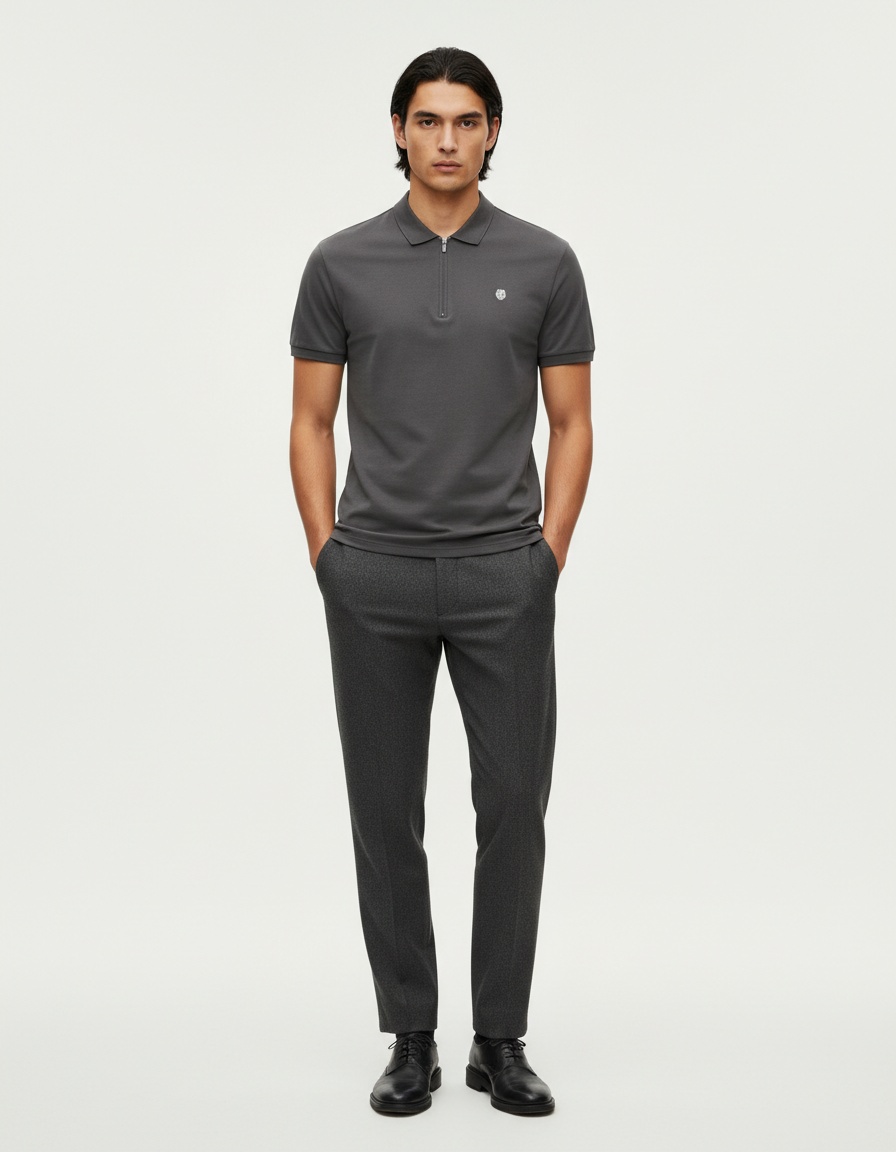 Men's V-Neck T-Shirt with Zipper Detail and Breathable Embroidery