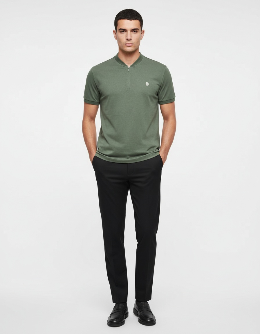 Men's V-Neck T-Shirt with Zipper Detail and Breathable Embroidery