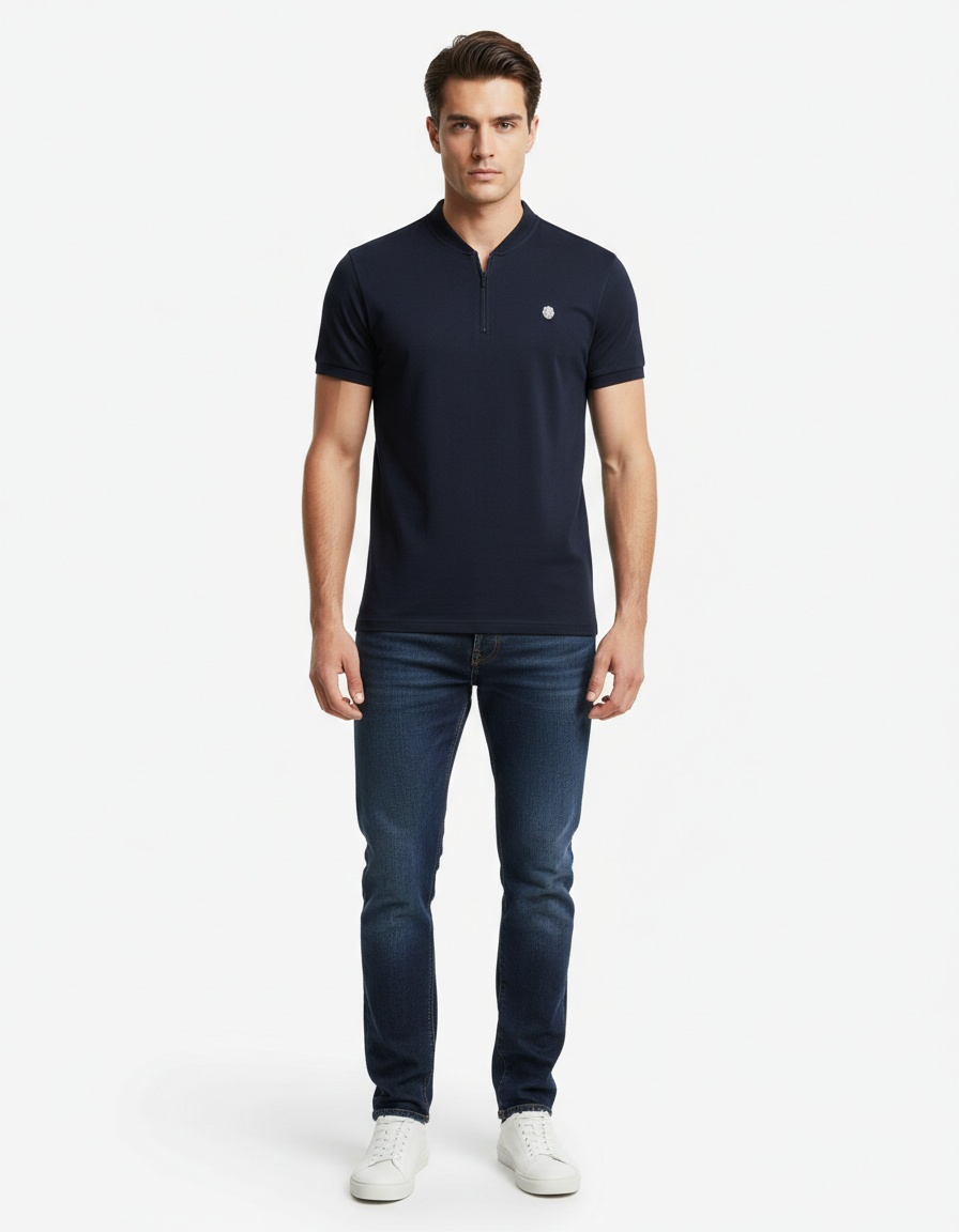 Men's V-Neck T-Shirt with Zipper Detail and Breathable Embroidery