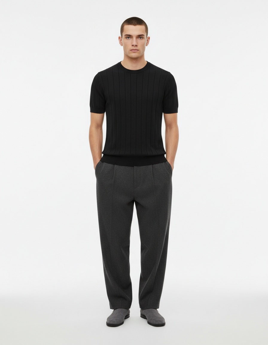 Crew Neck Knitted Men's T-Shirt for Business Casual Spring and Summer Wear