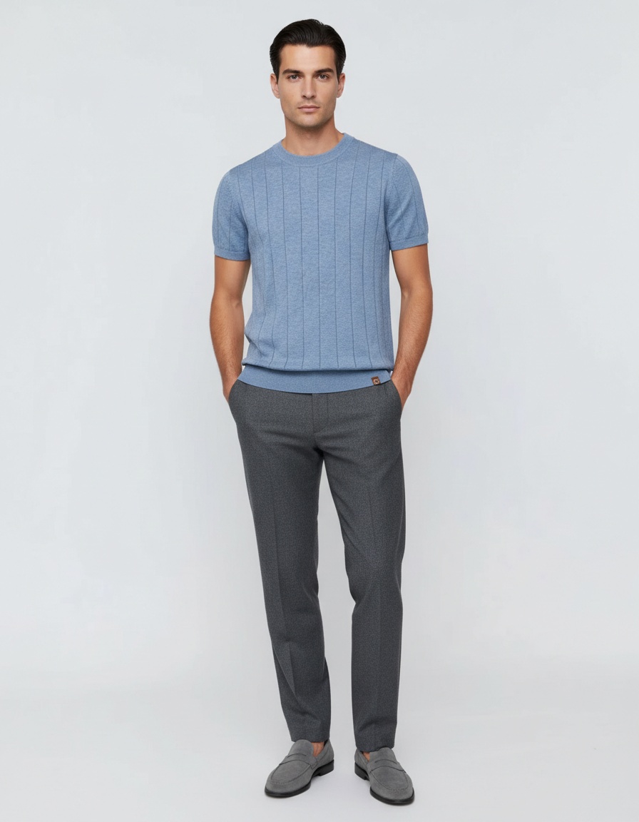 Crew Neck Knitted Men's T-Shirt for Business Casual Spring and Summer Wear