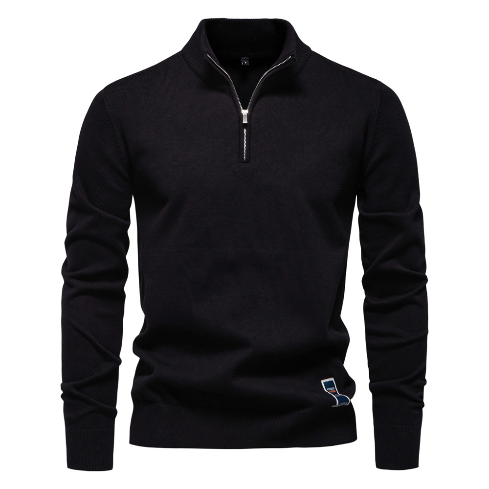 Slim Fit Knitted Top with Half Zipper and Stand Collar for Men
