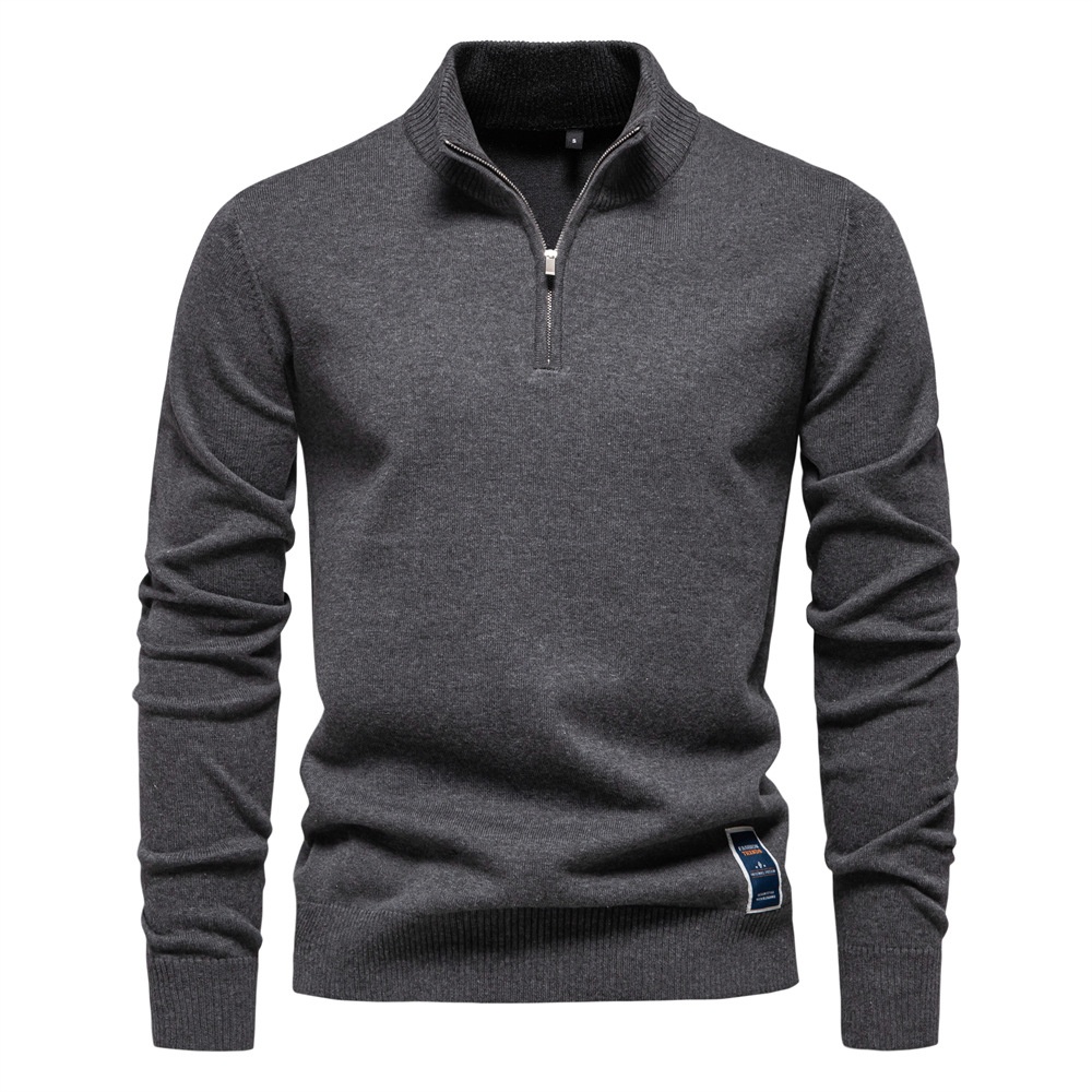 Slim Fit Knitted Top with Half Zipper and Stand Collar for Men