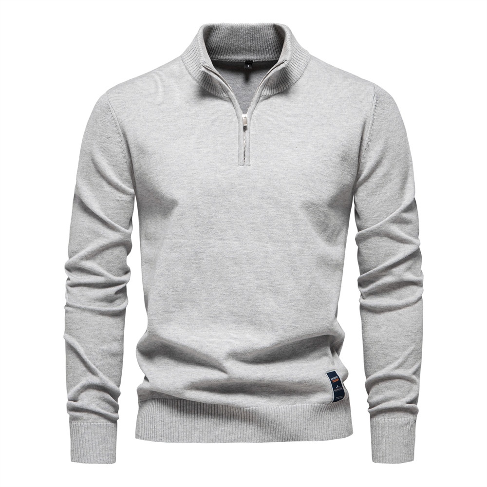 Slim Fit Knitted Top with Half Zipper and Stand Collar for Men