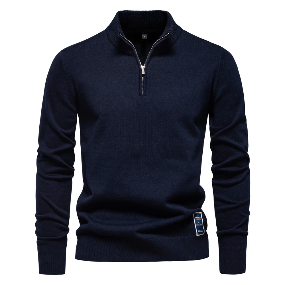 Slim Fit Knitted Top with Half Zipper and Stand Collar for Men