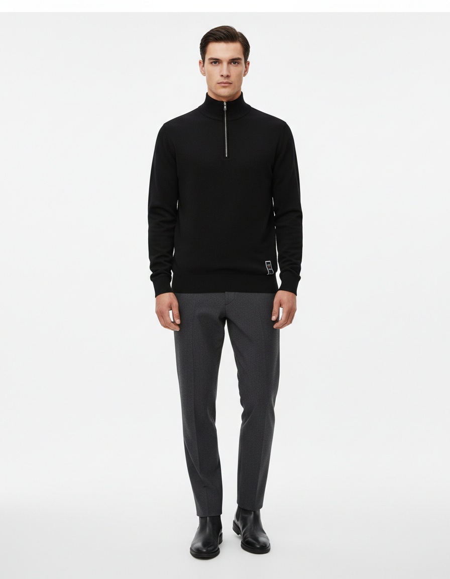 Slim Fit Knitted Top with Half Zipper and Stand Collar for Men