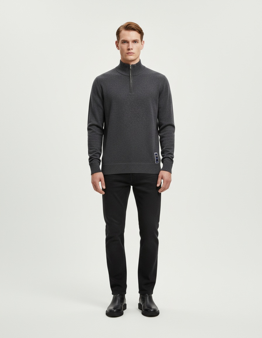 Slim Fit Knitted Top with Half Zipper and Stand Collar for Men