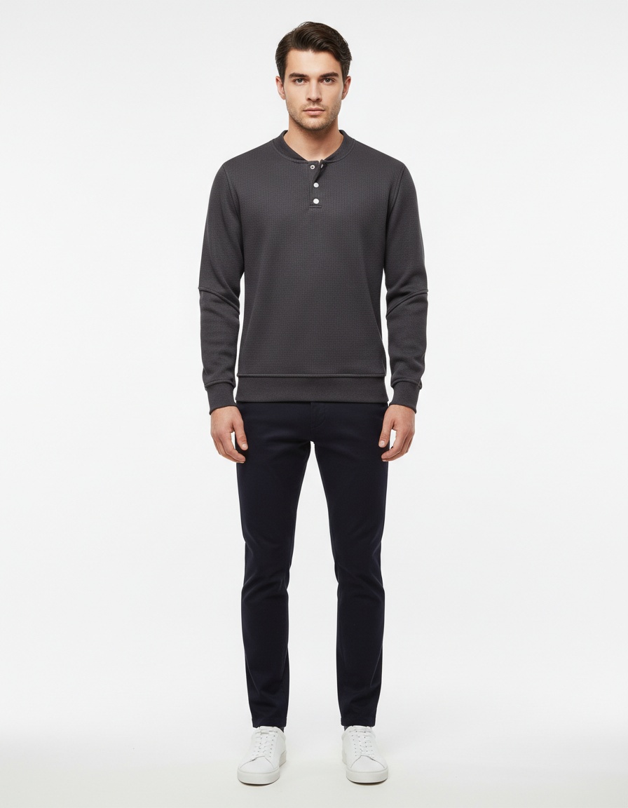 Waffle Knit Fleece-Lined Winter Casual Baseball Collar Men's Sweatshirt